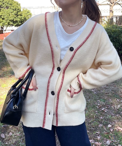 Samansa Mos2 カーディガン 配色ステッチVネックニット