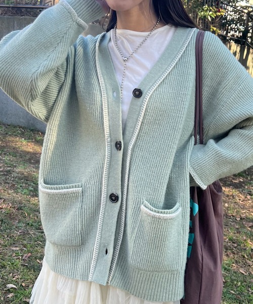 Samansa Mos2（サマンサモスモス） カーディガン 配色ステッチVネック