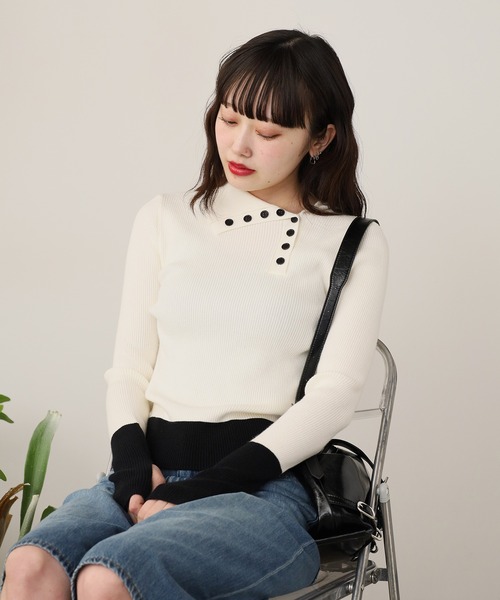 ちっぽ様 リブニット ROOP TOKYO ニット セーター バイカラーリブスナップニット