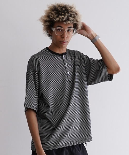 Healthknit tシャツ NARROW BORDER JERSEY Henleyneck S/S