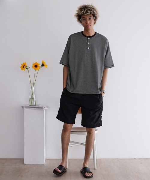 Healthknit tシャツ NARROW BORDER JERSEY Henleyneck S/S