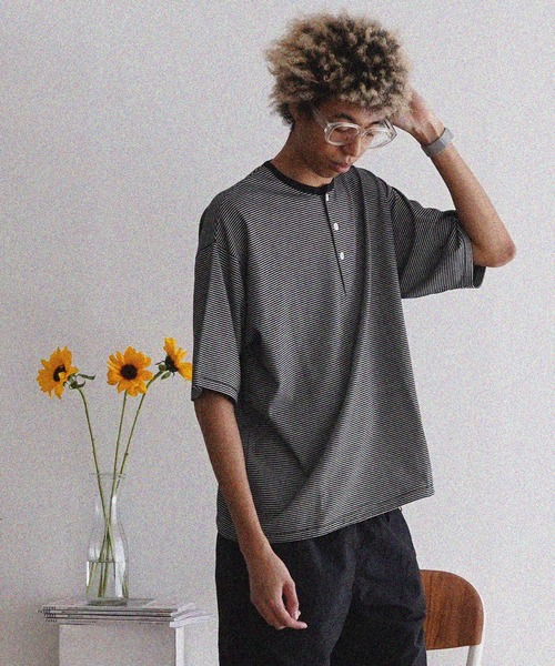 Healthknit tシャツ NARROW BORDER JERSEY Henleyneck S/S