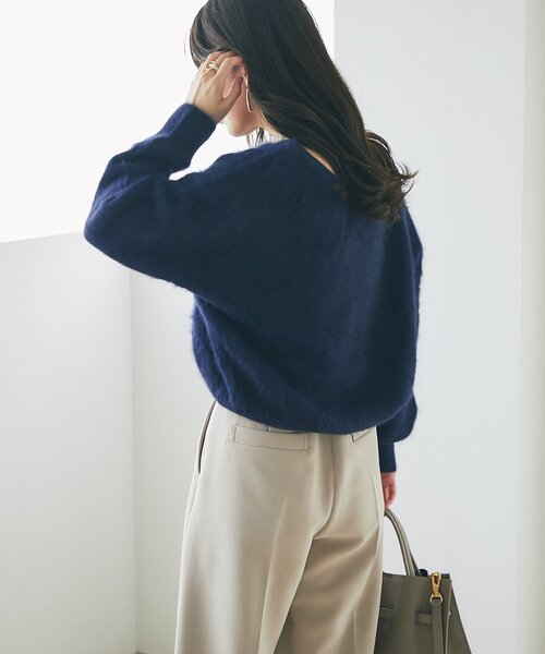 【美品✨】L'Appartement カシミヤ混　ボリュームスリーブニット　紺色 ボリュームスリーブ シアーメッシュオーバーニット（ニット