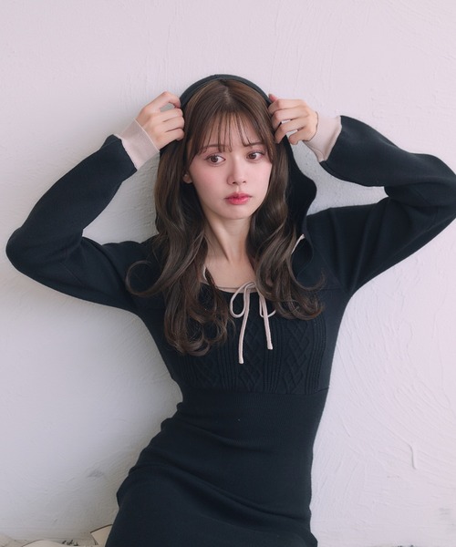 fupel ワンピース hooded cable knit onepiece / フード付きケーブル