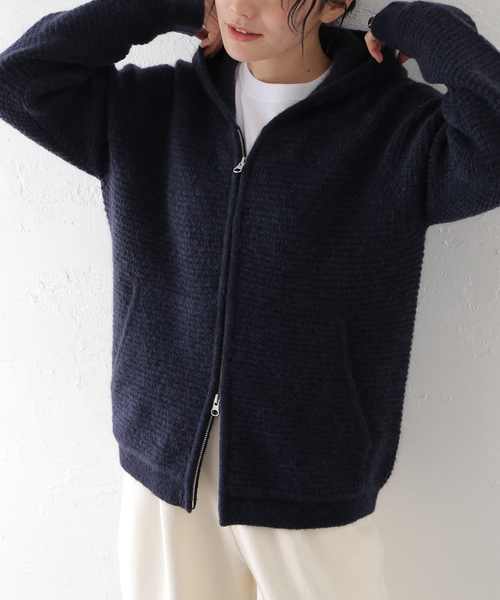 ニットカーディガン メンズ パーカー フード付き カーディガン ジップアップ カジュアル 厚手 アウター 防寒 あったか セーター 春 PULP/417EDIFICE パーカー PULP / モヘヤブレンドニット ジップアップ