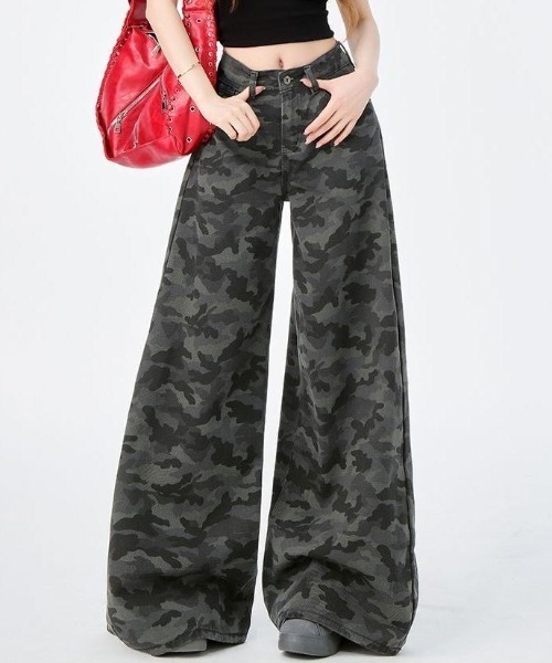 y2k ワイドレッグデニムパンツ ジーンズ 迷彩 opium グランジ gossip!ロサンゼルス ジーンズ デニム デニムパンツ Y2K 迷彩柄ワイド