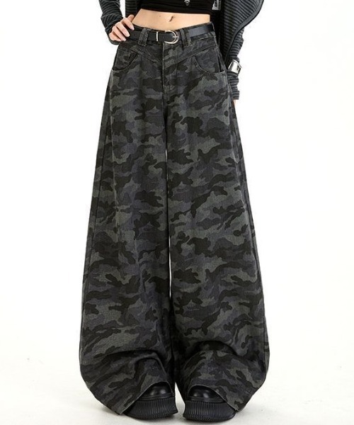 y2k ワイドレッグデニムパンツ ジーンズ 迷彩 opium グランジ gossip!ロサンゼルス ジーンズ デニム デニムパンツ Y2K 迷彩柄ワイド