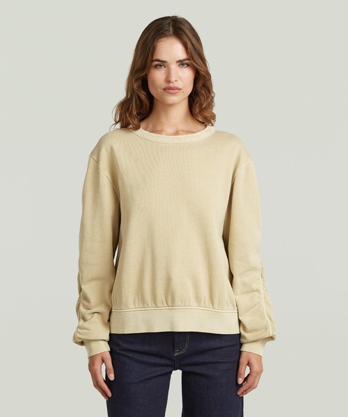 トレーナー スウェット Woven Mix Relaxed Sweater/異素材ミックスシャーリングデザインスリーブリラックススウェット レディース