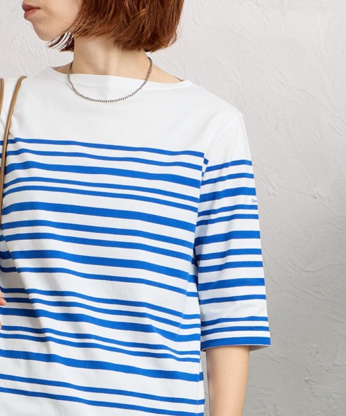 ボーダーカットソー紺た様 ボーダー tシャツ レディース 綿100% プルオーバー 8分袖 トップス