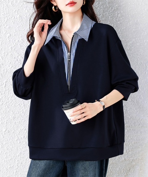 ブラウス シャツ ストライプ柄シャツレイヤード風ジップ付きプル