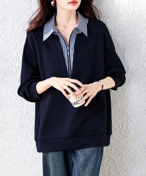ブラウス シャツ ストライプ柄シャツレイヤード風ジップ付きプル ブラウス シャツ ストライプ柄シャツレイヤード風ジップ付きプル