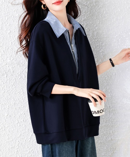 ブラウス シャツ ストライプ柄シャツレイヤード風ジップ付きプル 