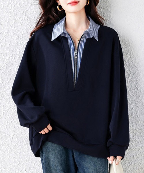 ブラウス シャツ ストライプ柄シャツレイヤード風ジップ付きプル