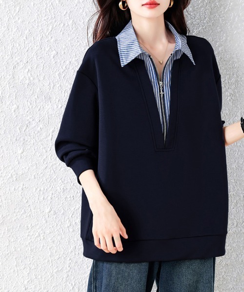 ブラウス シャツ ストライプ柄シャツレイヤード風ジップ付きプル
