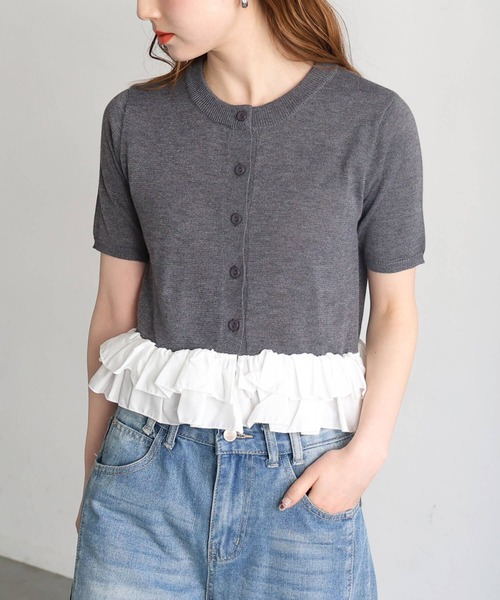tiptop（ティップトップ） カーディガン 半袖 裾布帛ペプラム