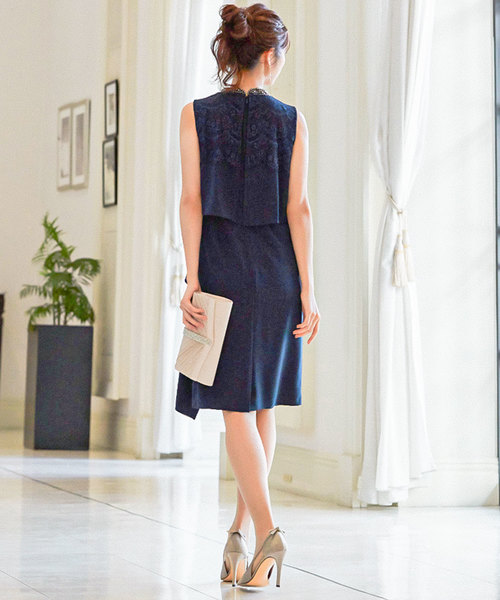 Fashion Letter ドレス ネックビジューレース切り替えタイト結婚