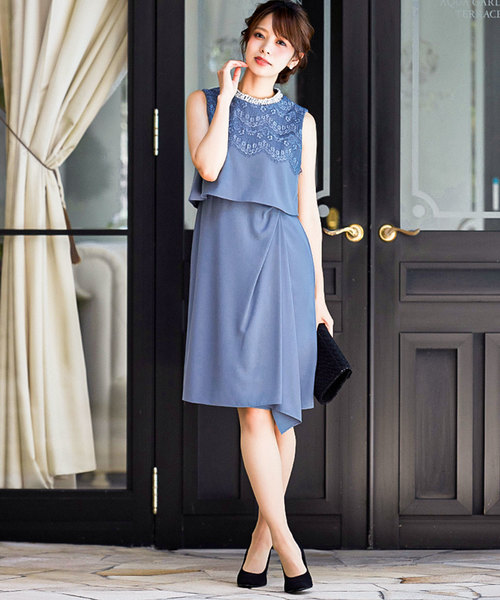 Fashion Letter ドレス ネックビジューレース切り替えタイト結婚