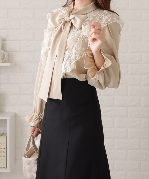 ブラウス シャツ ボウタイ付レースブラウス レディース Lace Ladies ブラウス シャツ ボウタイ付きレースドッキング