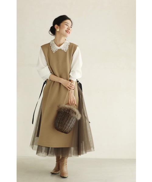 cawaii ベスト ジレ 浮き立つ柄のサイドスリットロングベスト