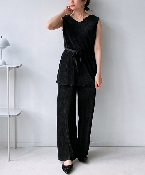 Since Thenキュート プリーツ トップス パンツ セットアップ セットアップ サイドライン Tシャツ ショートパンツ 半袖