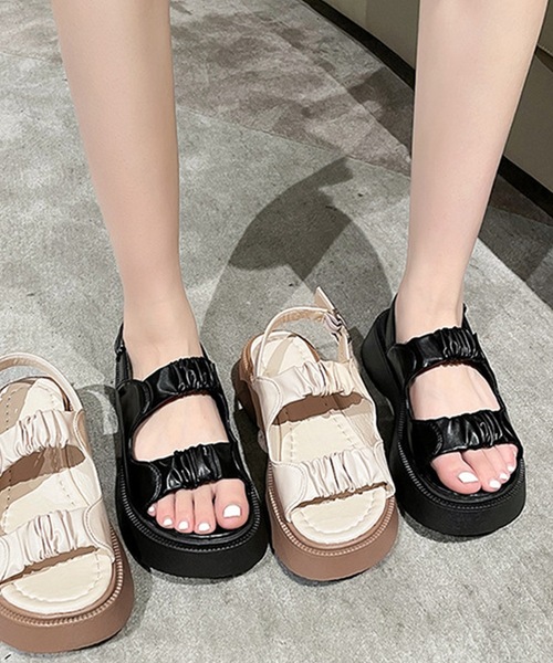 美品スミスタイル 本革 バックルベルト付き厚底サンダル Lace Ladies（レースレディース） 厚底 サンダル シュシュ風ベルト