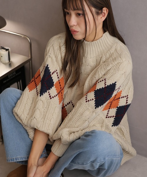 ニット セーター アーガイルケーブルハイネック レディース : ZOZOTOWN