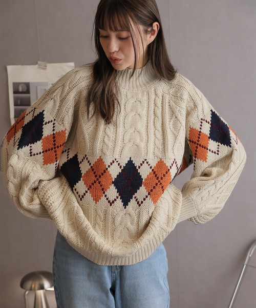 ニット セーター アーガイルケーブルハイネック レディース : ZOZOTOWN