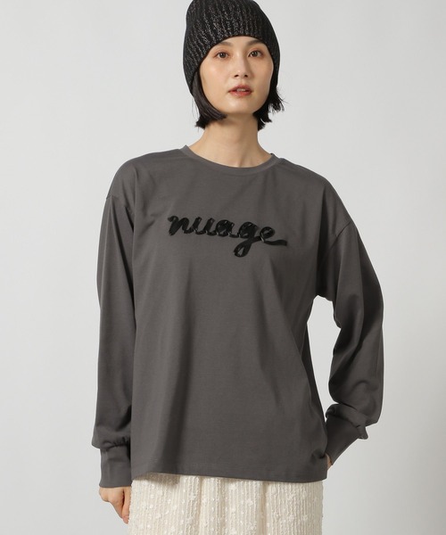 ベージュ ロゴ入り 長袖Tシャツ LAKOLE（ラコレ） tシャツ リボンロゴ長袖T/149368 レディース