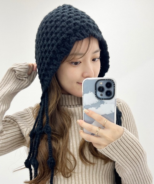 Lace Ladies ニット帽 ニットキャップ ソリッドカラー 耳付き