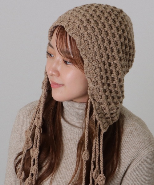 Lace Ladies ニット帽 ニットキャップ ソリッドカラー 耳付き