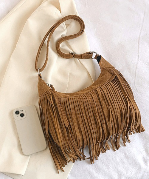 フリンジ付きベージュスエードショルダーバッグ miniministore（ミニミニストア） ショルダーバッグ バッグ フリンジ