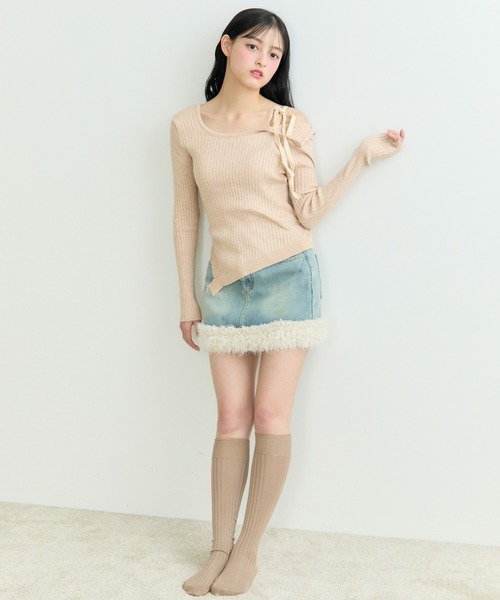 tシャツ リボンショルダーリブニットトップス レディース TITTY＆CO. tシャツ リボンショルダーリブトップス レディース