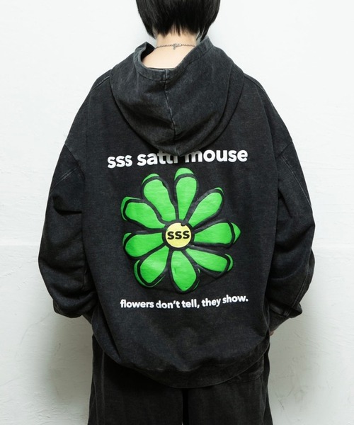 sss satti mouse パーカー ブラックウォッシュフラワー