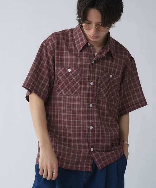 ROBINSON 短丈 チェックシャツ　シアサッカー ボックスシルエット HECT】Big W-pocket Draw Cord Seersucker Check S/S Shirt