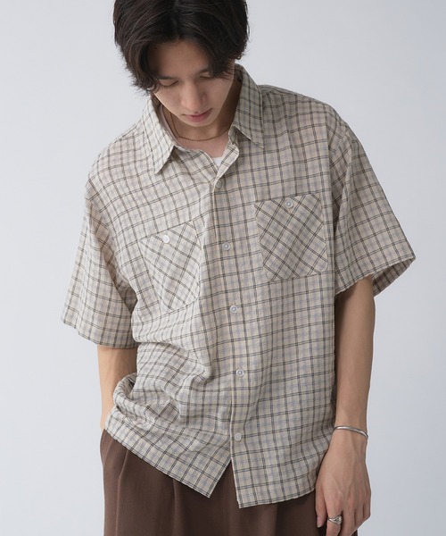 ROBINSON 短丈 チェックシャツ　シアサッカー ボックスシルエット HECT】Big W-pocket Draw Cord Seersucker Check S/S Shirt