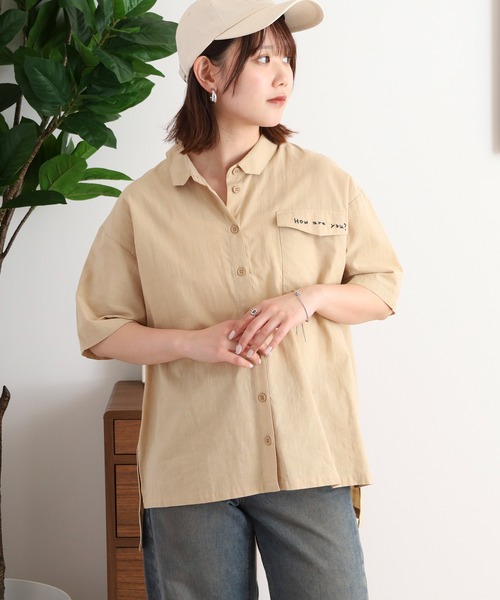 ブラウス シャツ EMAGO ロゴ刺繍サイドボタンシャツ レディース
