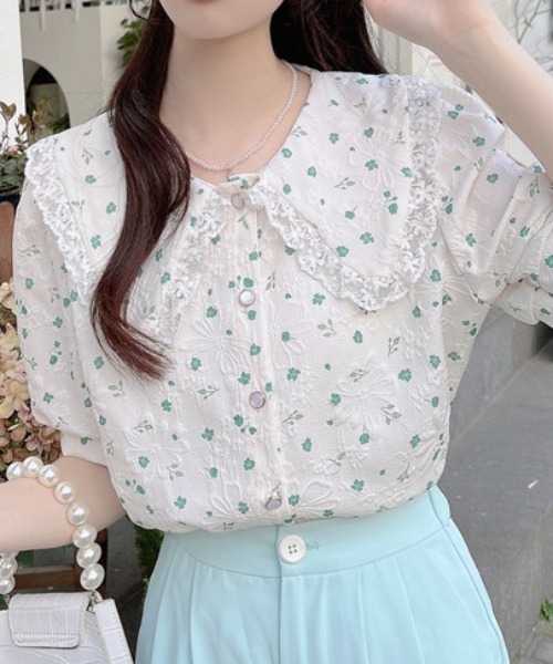 ブラウス シャツ 花柄パフスリーブレーストップス レディース