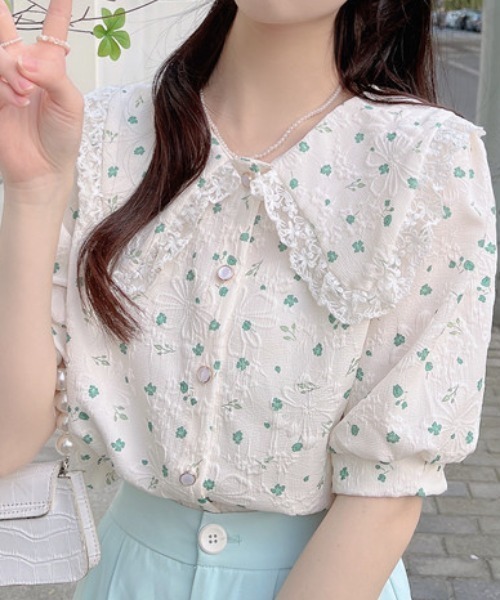 ブラウス シャツ 花柄パフスリーブレーストップス レディース