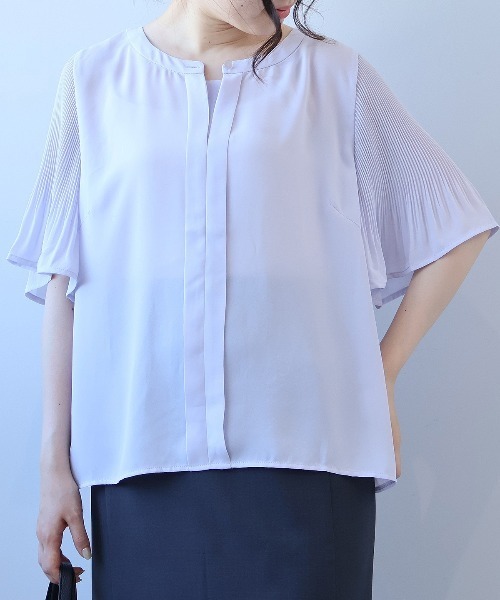 ブラウス シャツ 「L〜5L 大きいサイズ」プリーツショルダーフロントタックブラウス 半袖 春夏 レディース
