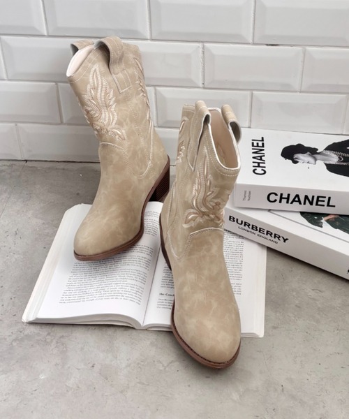 SOLLON.（ソルロン） ブーツ 刺繍入りミドルウエスタンブーツ