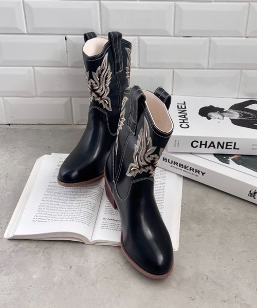 SOLLON.（ソルロン） ブーツ 刺繍入りミドルウエスタンブーツ