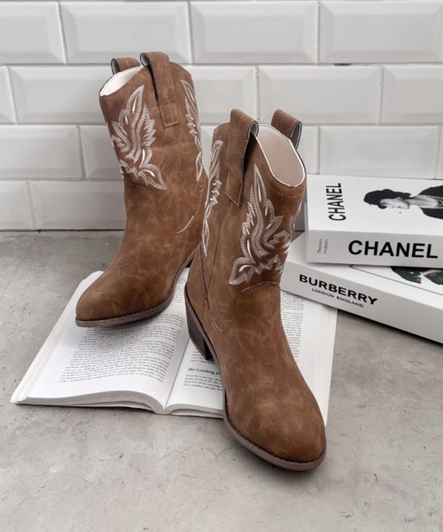 SOLLON.（ソルロン） ブーツ 刺繍入りミドルウエスタンブーツ