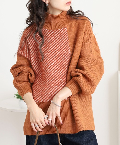 ニット セーター シャギージャガード切替ハイネックニット レディース | FUNALIVE