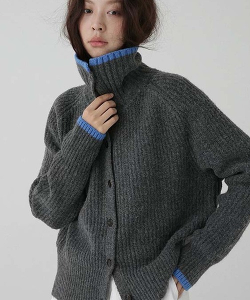 カーディガン 配色ライン襟付きニットカーディガン レディース