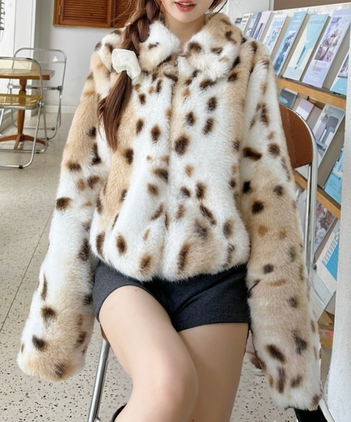 [レオパード]長袖シャツ アニマル柄 SEXY DYNAMITE フェイクファー レオパードフェイクファーフーディショートコート ／ reopard fakefur
