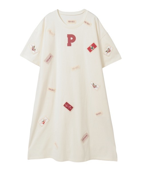 【PINK HOUSE】ワッペンいっぱい 半袖カットソー ホワイト（L） PINK HOUSE（ピンクハウス） ネームワッペンいっぱいTシャツ