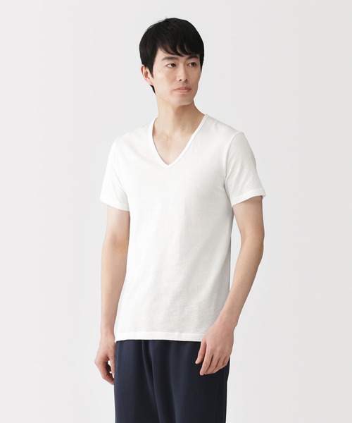 無印良品（MUJI） 紳士 さらっと綿メッシュ編み Vネック半袖Tシャツ