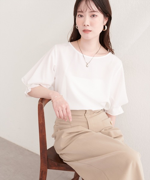 natural couture ブラウス シャツ 半袖 パール付きタックスリーブ 