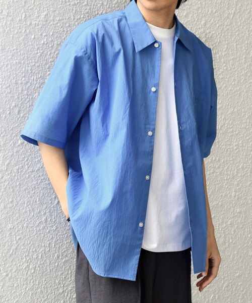 FreshService 半袖シャツ M ブルー　新品 SHIPS any シャツ any: JAPAN MADE ブルー ストライプ/ソリッド