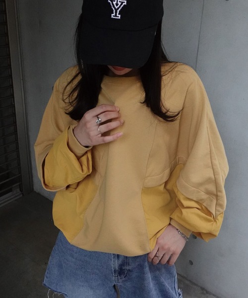 tシャツ ニットドッキング裏起毛プルオーバー レディース Limue ニット セーター シャツドッキングショート丈ニットプル